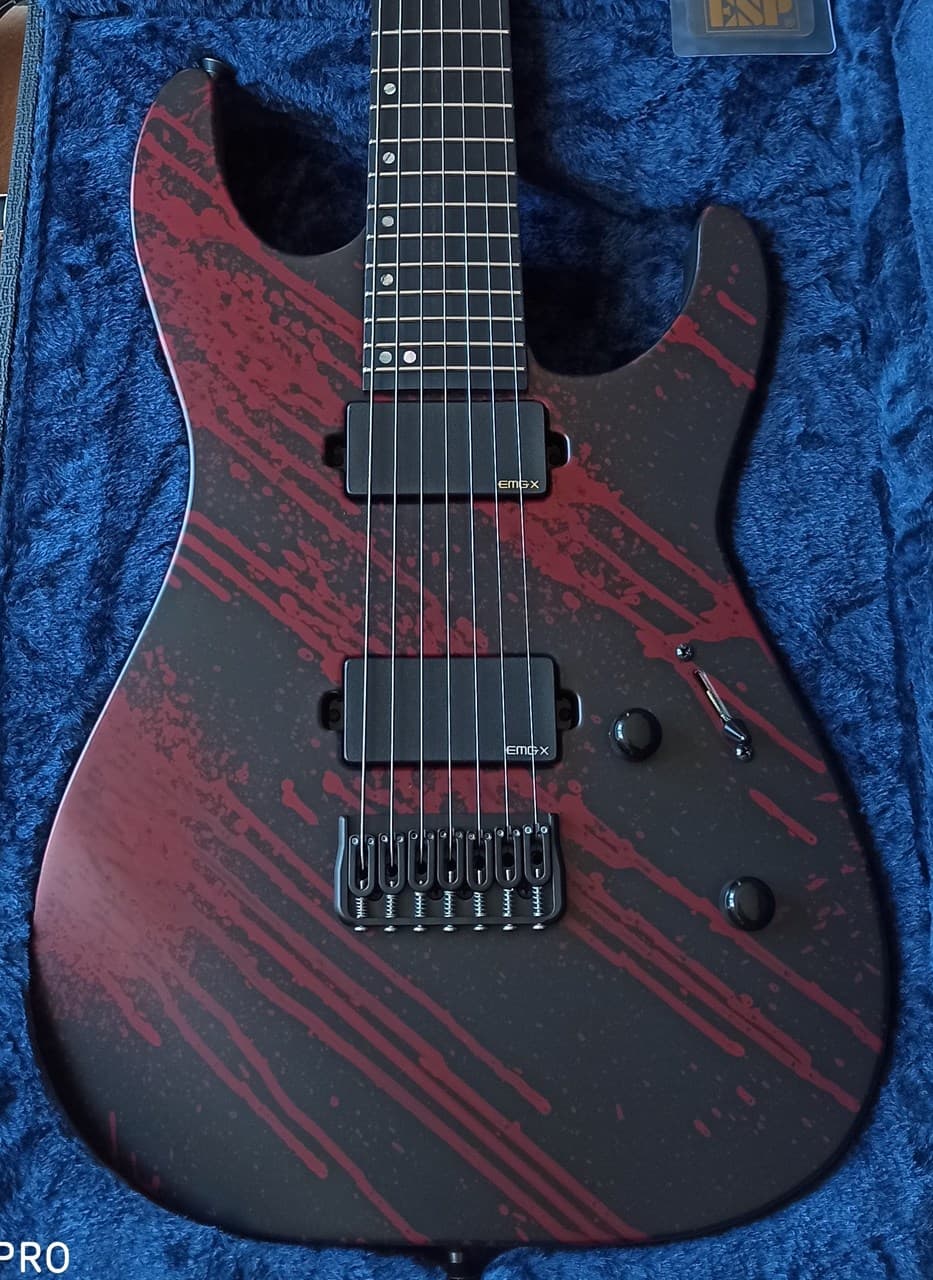 ESP USA M-7 Hardtail Baritone Blood Splatter Black Satin Mint - Image 1